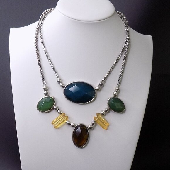 Lucky Brand Quartz Necklace Silver Tone Teal Amber Colored Two Row Reversible - Picture 3 of 9